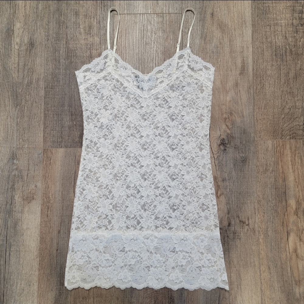 Lace Slip Dress Ivory Stretch Vintage Y2K Babydoll Fairy Coquette Dainty Medium
